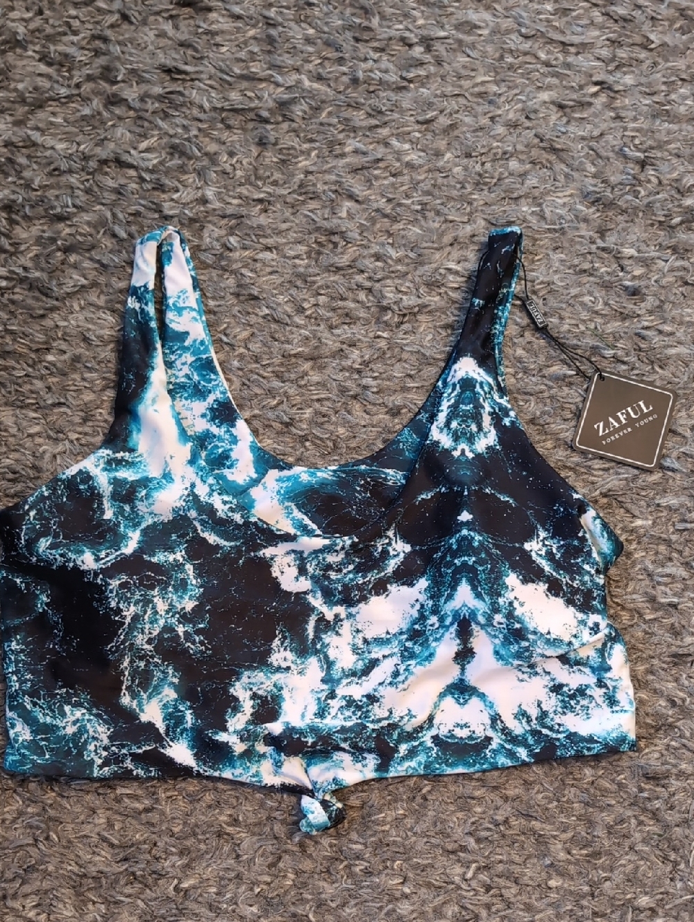Zaful Teal Black White Marble-Print Swim Top Size 12
